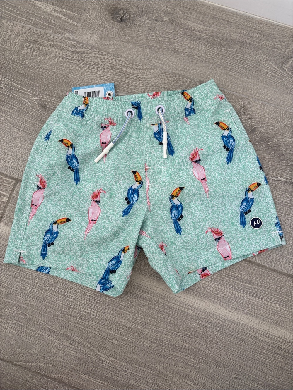 Johnny Was Mint Swim Trunks with Pink and Blue Parrot Print